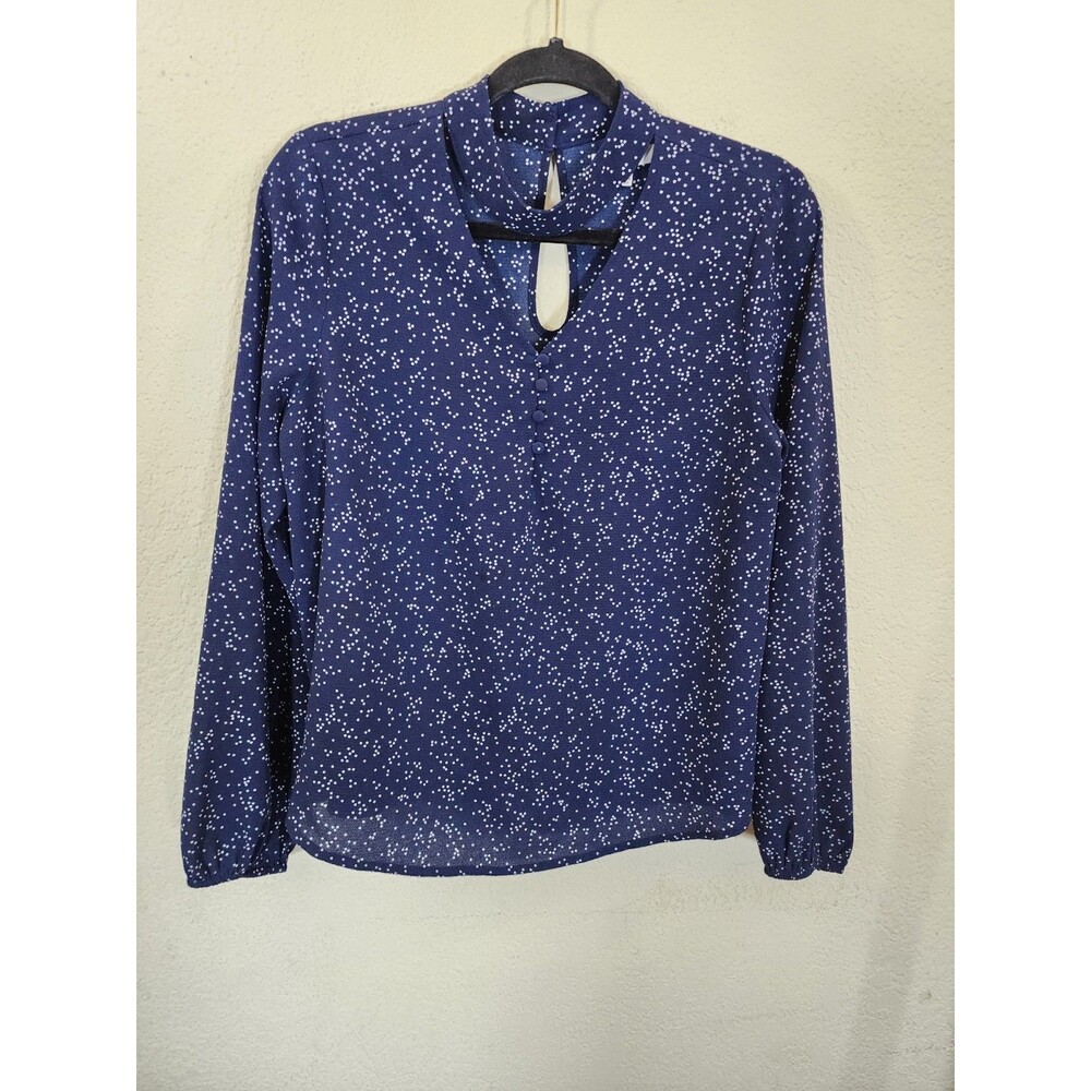 August Mist Womens Medium Blouse Navy Blue White Polka Dot Choker Keyhole Neck